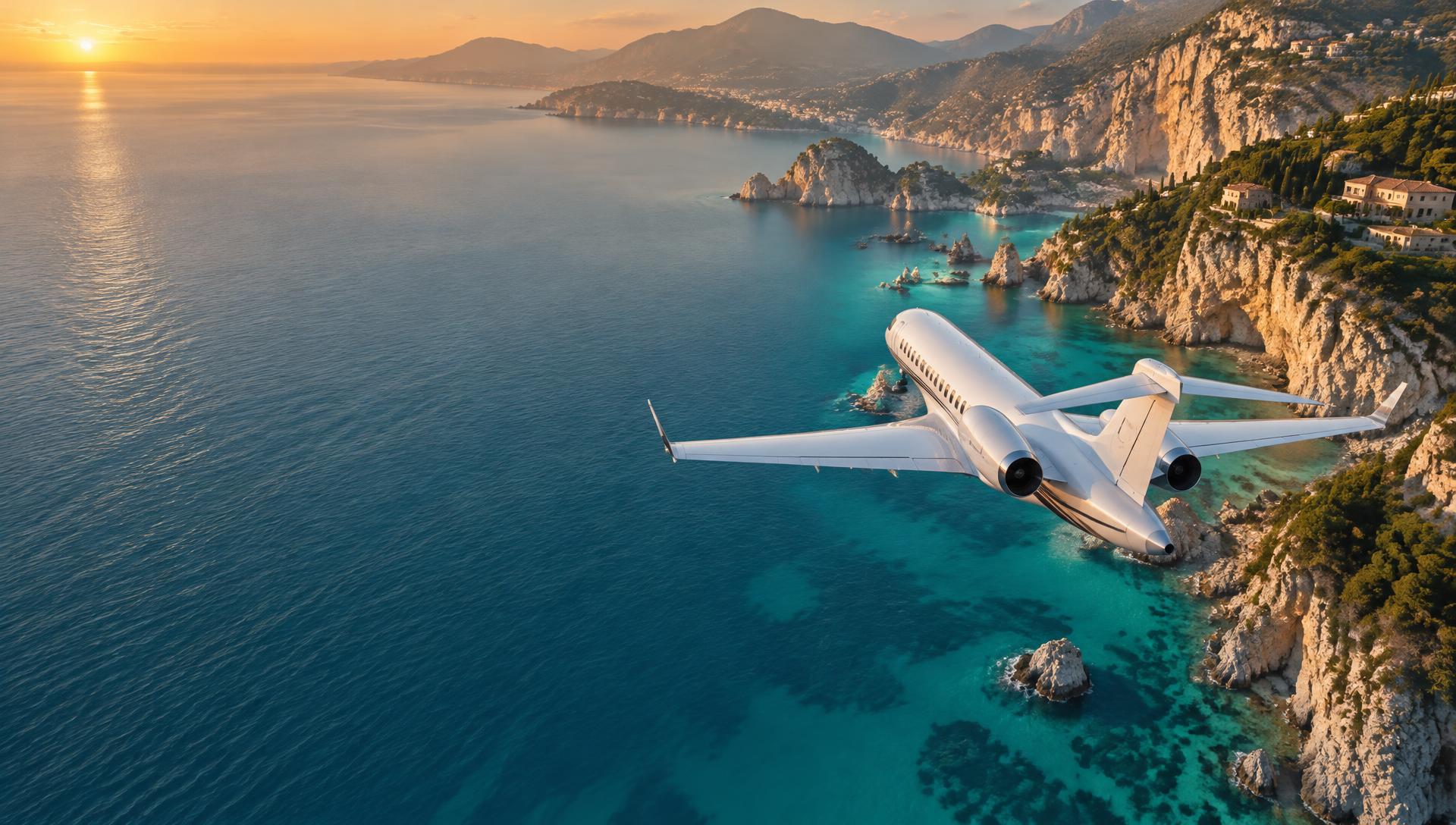 A silver aircraft over a sunlit coast and turquoise sea