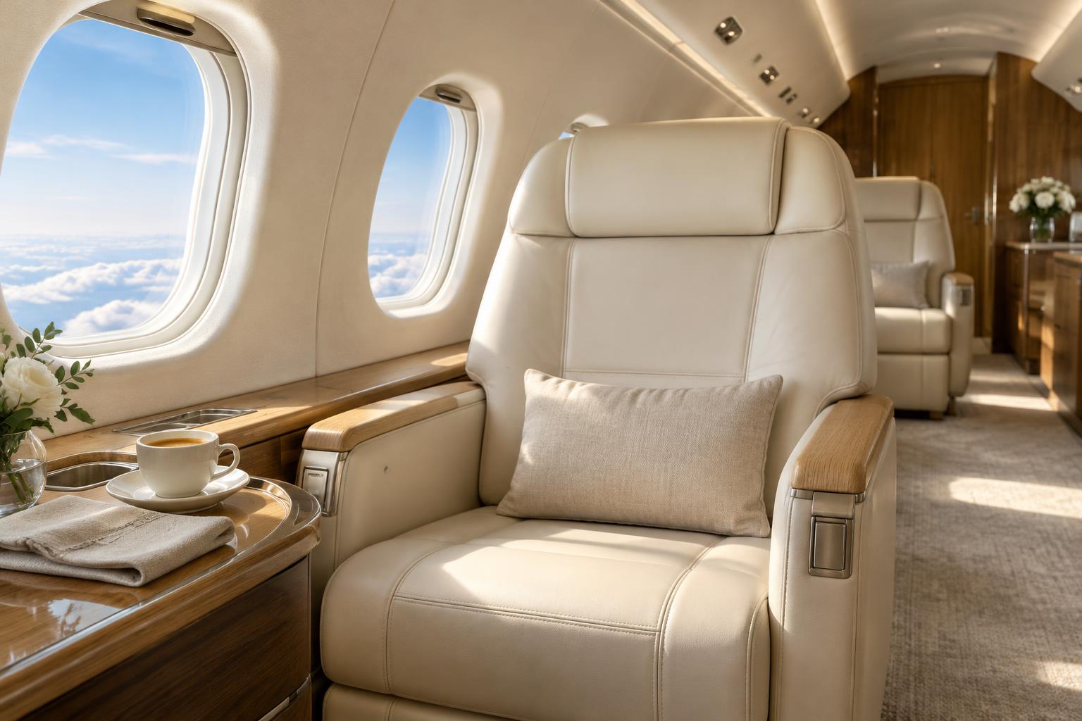 Ivory leather seating and natural oak details inside the Aeroval cabin